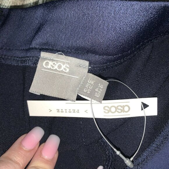 ASOS Navy Blue Deep V-Neck Front Draped Sleevless Open Back A-Line Dress Size 10 - Picture 8 of 11